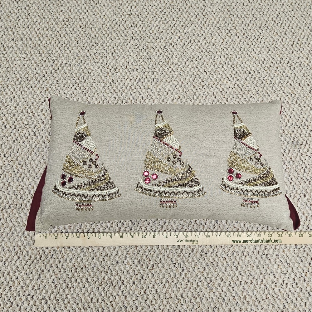 Pier 1 Decorative Throw Pillow Beaded Christmas Tree Tan Burgandy Accent Pillow